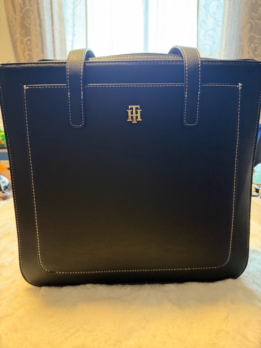 Tommy Hilfiger Black Tote with White Contrast Stitching